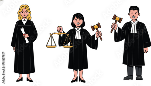 Three judges in black robes, each holding different symbols of justice, standing against a white background.