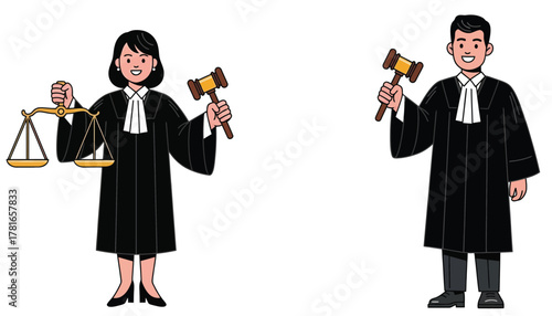 Two cartoon judges, one holding scales, the other a gavel.