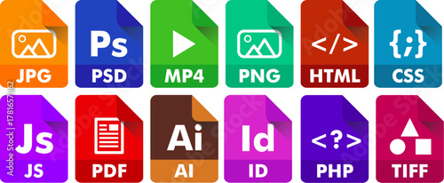 Collection of colorful digital file type icons for various applications