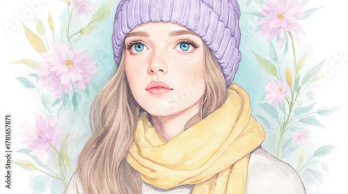 Watercolor portrait of a young woman in a beanie and scarf