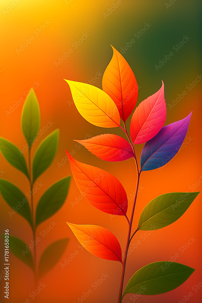 Fototapeta premium Colorful Gradient Leaves on Orange Background – Nature Art Design