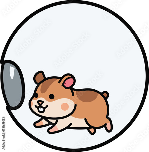 A minimalist, icon-style cartoon illustration showing a small hamster running vigorously inside a simple, clear exercise ball.