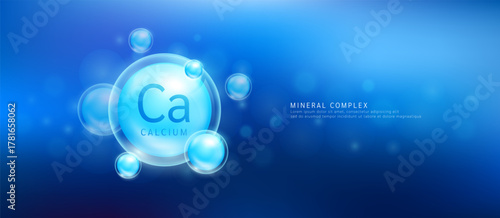Calcium minerals the form blue circle inside a transparent bubble. Mineral vitamins complex essential supplement health. Food nutrition and medicine. Science medical concept. Banner vector.