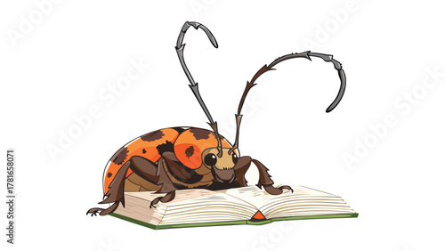 Curious Longhorn Beetle Enjoying a Book