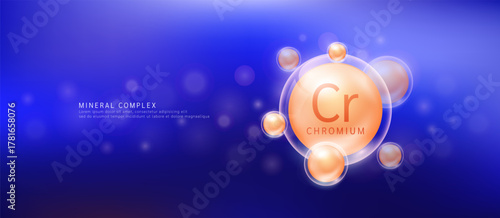 Chromium minerals the form orange circle inside a transparent bubble. Mineral vitamins complex essential supplement health. Food nutrition and medicine. Science medical concept. Banner vector.