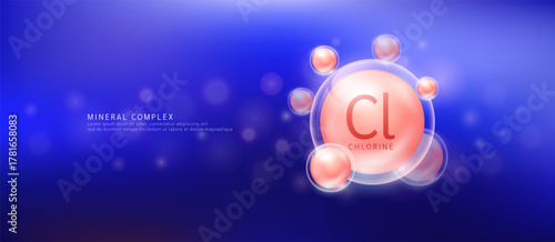 Chlorine minerals the form orange circle inside a transparent bubble. Mineral vitamins complex essential supplement health. Food nutrition and medicine. Science medical concept. Banner vector.