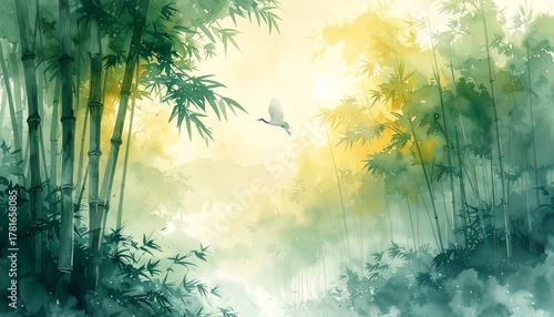 Traditional Asian Watercolor Painting of Bamboo Forest and Flying Crane Bird