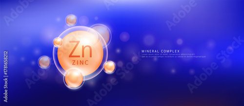 Zinc minerals the form orange circle inside a transparent bubble. Mineral vitamins complex essential supplement health. Food nutrition and medicine. Science medical concept. Banner vector.
