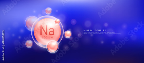 Sodium minerals the form orange circle inside a transparent bubble. Mineral vitamins complex essential supplement health. Food nutrition and medicine. Science medical concept. Banner vector.