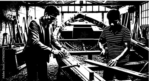 Vintage Fishing Boat Restoration — Black and White Stippled Vector Illustration