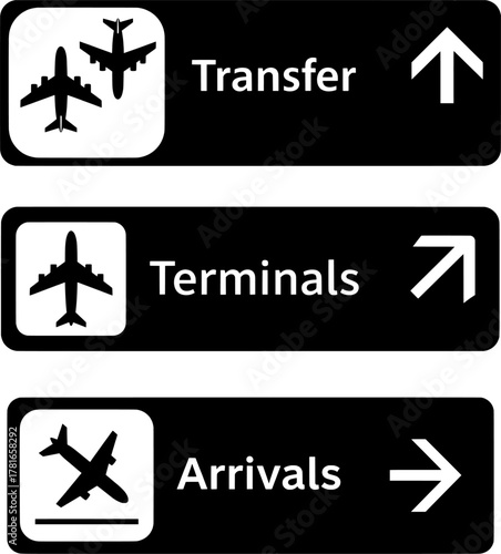 Airport Navigation Signs Set: Transfer, Terminals, and Arrivals Icons