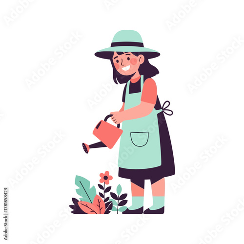 A young girl smiles while watering flowers in a garden, enjoying the sunny day.