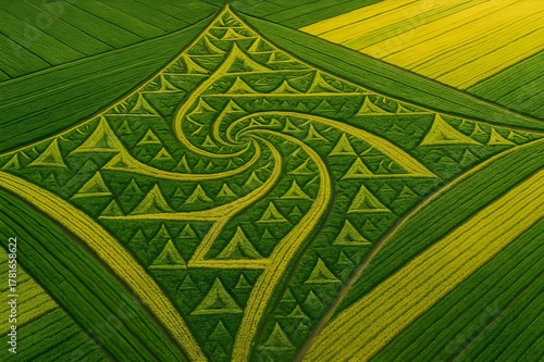 Fractal Pattern Farmland with Green and Yellow Crops