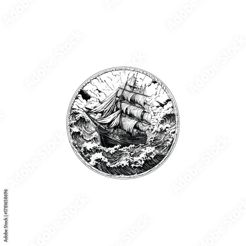 Dramatic vintage engraving style vector illustration of a tall ship sailing through a fierce storm with heavy waves, enclosed in a circular frame