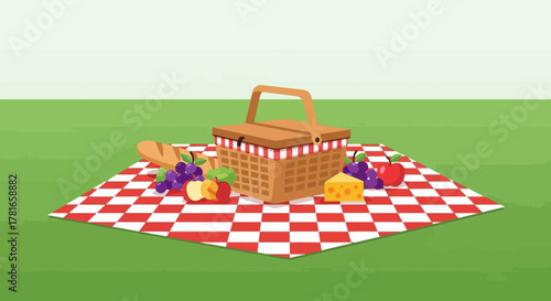 A delightful summer picnic scene with a traditional wicker basket, fresh fruit, bread, and cheese on a red checkered blanket in a park