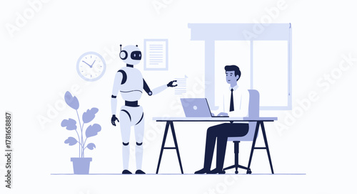 Futuristic workplace concept with a humanoid robot assistant collaborating with a businessman at his office desk