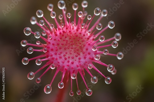 Pink sundew macro with sparkling resin droplets