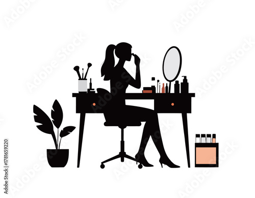 Woman Doing Makeup at Dressing Table – Beauty Routine Vector Illustration