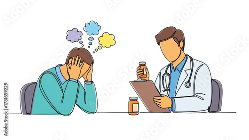 High-quality art of doctor and patient seated across desk with clipboard and medicine bottle outlined, person holding head with thinking bubbles symbolizing mental strain or overthinking
