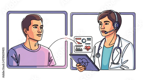 patient appearing on laptop screen talking to doctor wearing headset, symbolizing digital healthcare connection. Doctor checking patient’s data or heartbeat on digital tablet, telemedicine concept