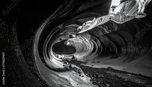 Black and White Swirling View of an Abstract Slot Canyon Interior