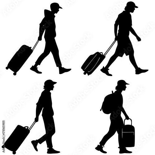 Set of black silhouettes of travelers with suitcases and backpacks on a white background. Vector illustration. Traveler with suitcase and backpack, a set of vector silhouettes for your design. 