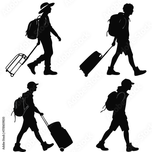 Set of black silhouettes of travelers with suitcases and backpacks on a white background. Vector illustration. Traveler with suitcase and backpack, a set of vector silhouettes for your design.