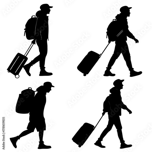 Set of black silhouettes of travelers with suitcases and backpacks on a white background. Vector illustration. Traveler with suitcase and backpack, a set of vector silhouettes for your design.