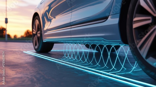 Vibrant, glowing blue neon lines or energy waves emanate from a charging pad embedded in the ground, visibly connecting and transferring power to the underside of the vehicle.