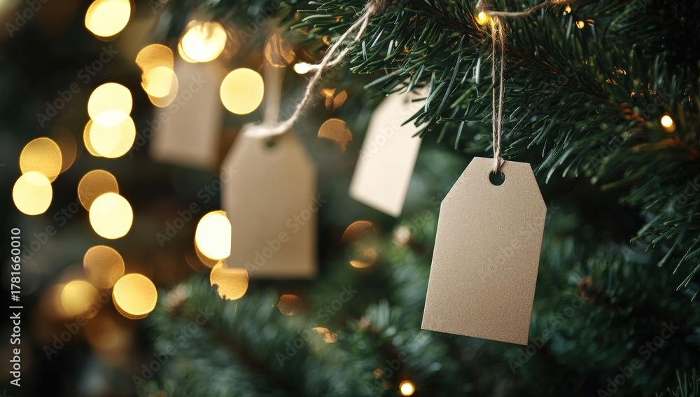 Fototapeta premium A close-up of a Christmas tree decorated with blank tags and warm bokeh lights, creating a festive and cozy atmosphere.