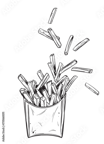Sketch of French fries. Hand-drawn ink vector illustration of a potato. Linear graphic elements for street food design, isolated on a white background.