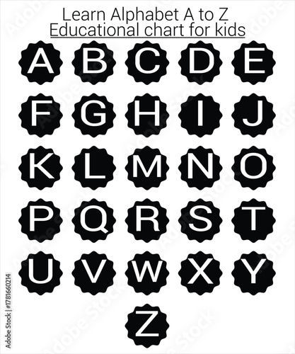 Elegant black and white A to Z alphabet chart in clean minimal style. Ideal for educational posters, typography art, classroom decor, learning materials, and modern design projects.