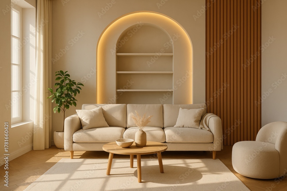 Fototapeta premium Cozy living room with arched shelves, a beige sofa, round coffee table, and natural light