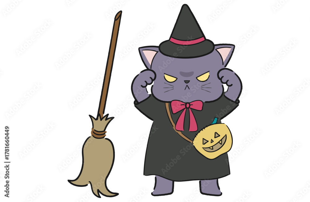 Obraz premium 魔女の仮装をした黒猫のゆるかわいいハロウィンイラスト