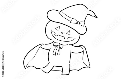 マントを羽織ったジャックオーランタンの手描きイラスト（線画）