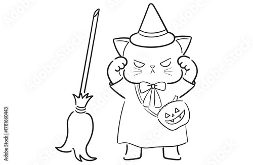 魔女の仮装をした黒猫のゆるかわいいハロウィンイラスト（線画）