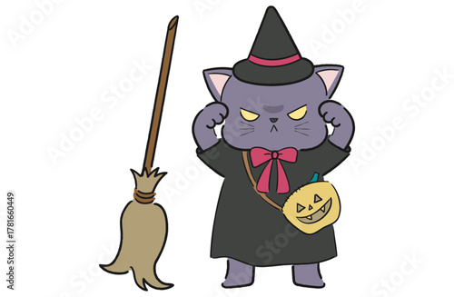 魔女の仮装をした黒猫のゆるかわいいハロウィンイラスト