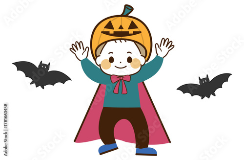 カボチャの帽子をかぶっておどける男の子のハロウィンイラスト