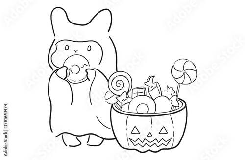 お化けの仮装をしてドーナツを食べるウサギのゆるかわいいハロウィンイラスト（線画）