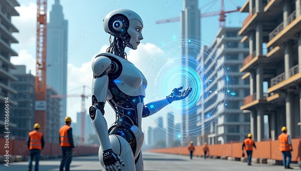 Naklejka premium An AI robot managing a construction project with holographic data, schedules, and automated planning visuals. 