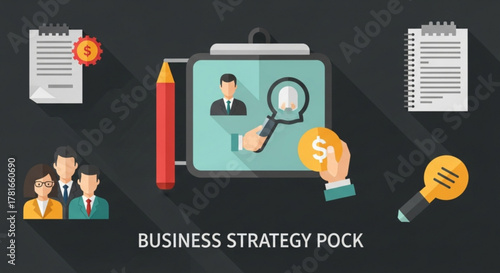 Business strategy pack with clipboard, document, pencil, magnifier, team, and money isolated on dark background business strategy concept