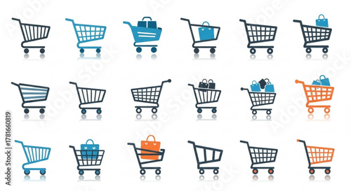 Collection of shopping cart illustrations, showcasing various styles and contents for ecommerce and retail concepts