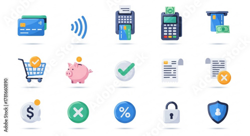 Payment and transaction icons set with credit card, pos terminal, atm, shopping cart, piggy bank, check mark, bill, dollar sign, percent and lock