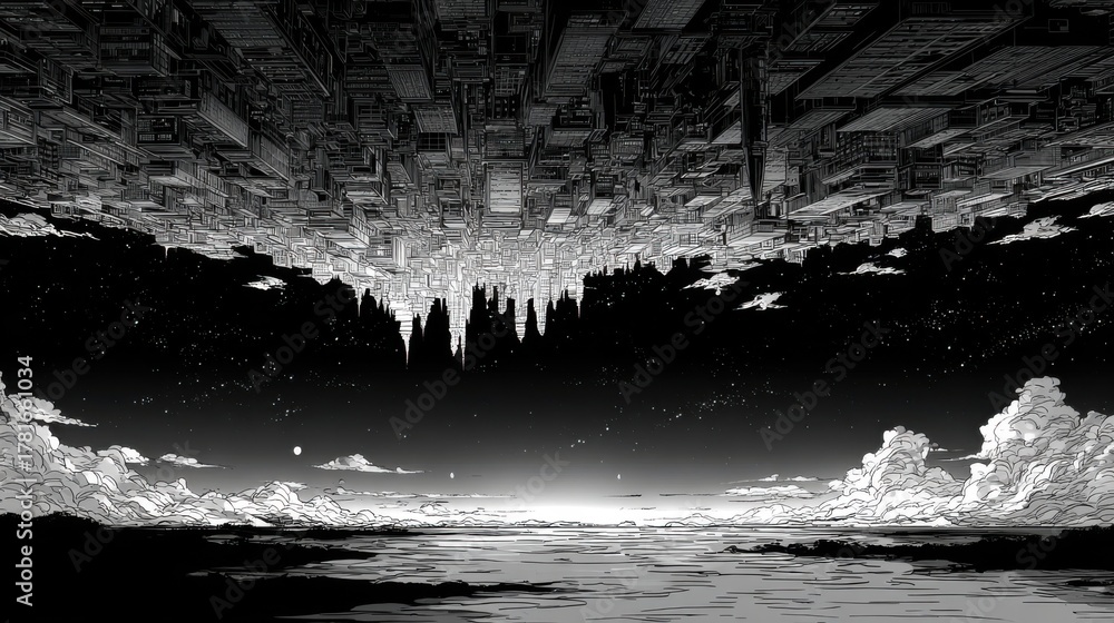 Fototapeta premium A surreal monochrome anime scene showing a luminous upside-down city fading into a dark horizon, intricate ink lines, calm night atmosphere, no logo