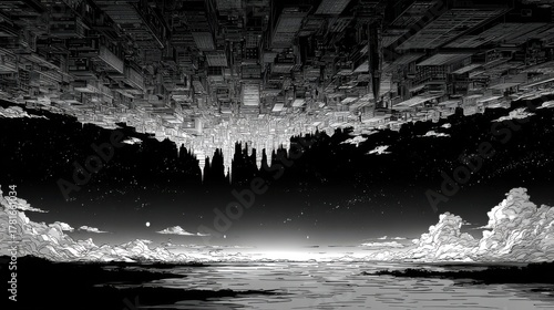 A surreal monochrome anime scene showing a luminous upside-down city fading into a dark horizon, intricate ink lines, calm night atmosphere, no logo