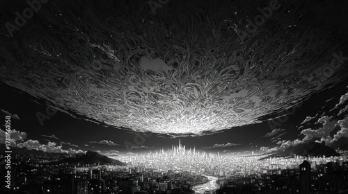 A surreal monochrome anime scene showing a luminous upside-down city fading into a dark horizon, intricate ink lines, calm night atmosphere, no logo