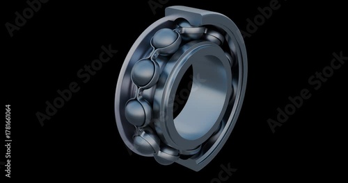 Rolling ball bearing animation. This single row deep groove ball bearings reveals inner race, outer race with the steel balls held together by a engineered steel cage