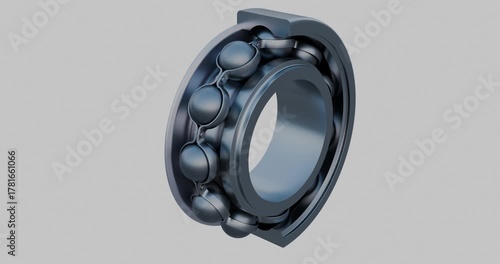Rolling ball bearing animation. This single row deep groove ball bearings reveals inner race, outer race with the steel balls held together by a engineered steel cage
