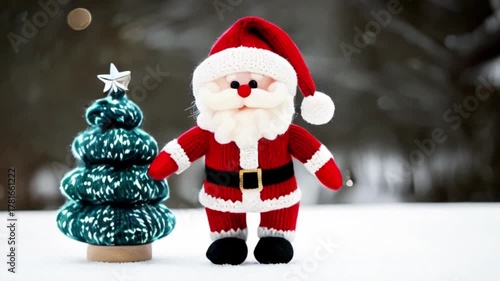 A plush Santa Claus figure wearing a red and white knitted hat and outfit, standing next to a small knitted Christmas tree on a snowy background created with generative ai	
