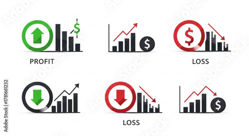 Illustrations depicting profit and loss scenarios with graphs, arrows, and currency symbols, , showcasing financial concepts